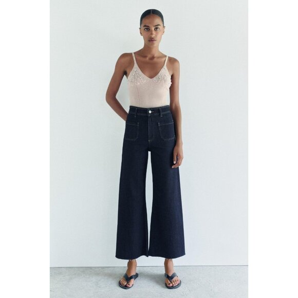 ZARA Patch Pocket Marine Dark Indigo High Rise Wide Leg Jeans, Size 2/24 - Picture 13 of 15